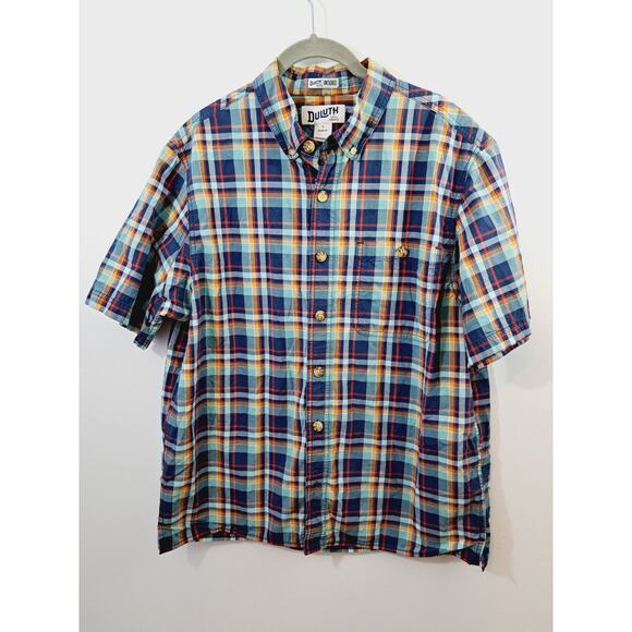 Duluth Untucked Men's Large Slim Fit Navy Blue And Turquoise Plaid Button Up - Picture 1 of 5